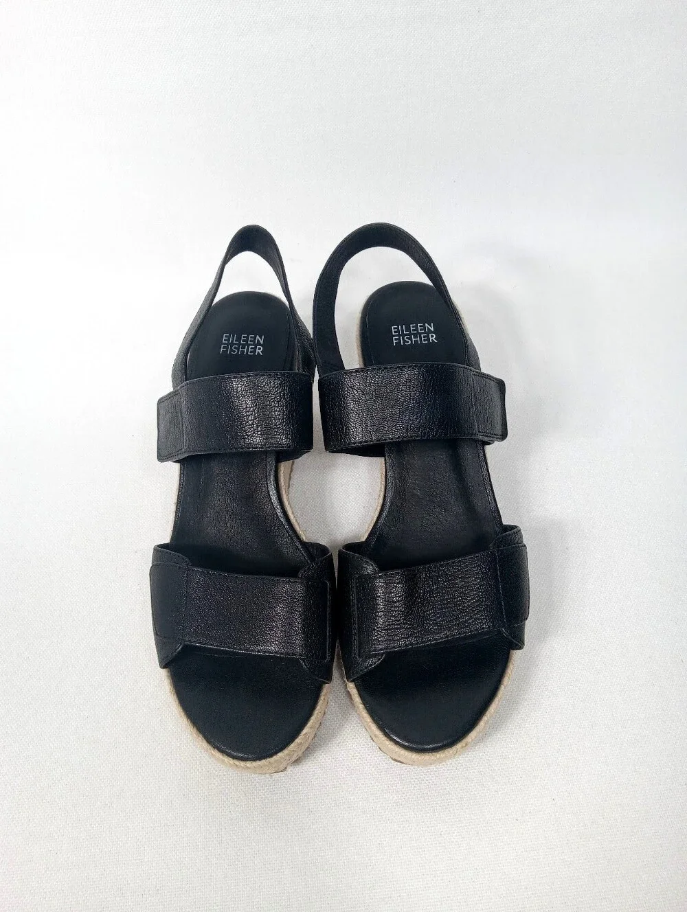 EILEEN FISHER 'Winnie' Black Leather Espadrille Wedge Sandals Women's Size 8